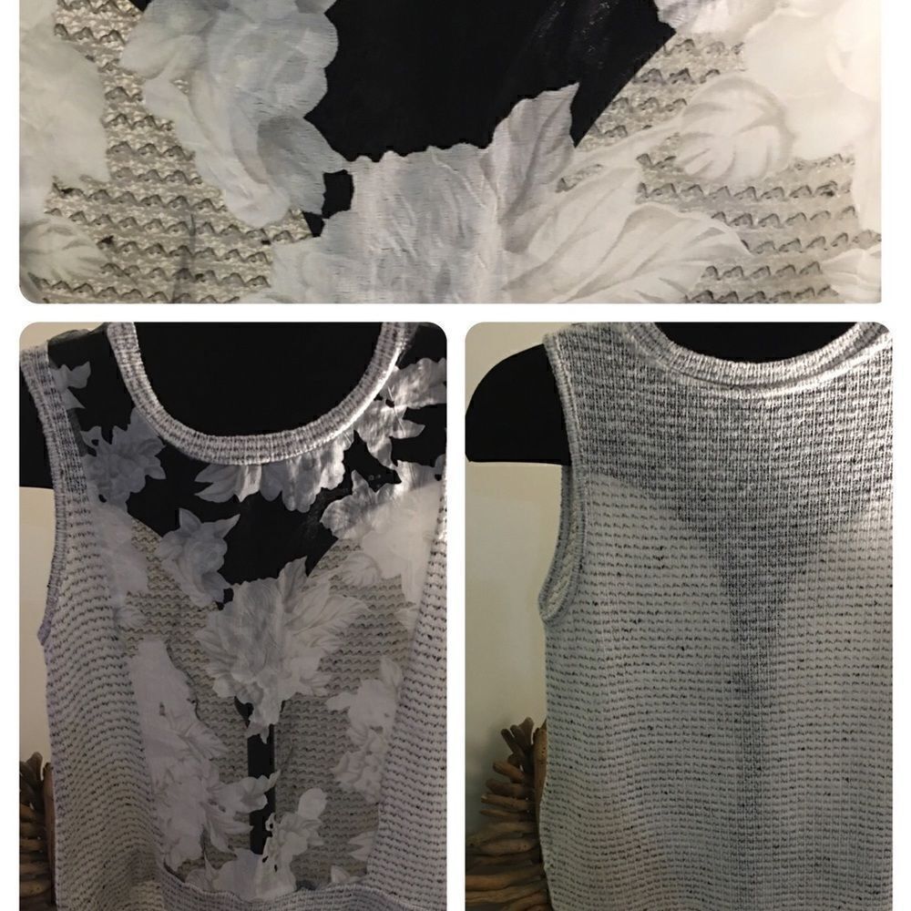 Paper Crane Lite Weight‎ Waffle Knit Tank With Black Silky Floral Mesh front